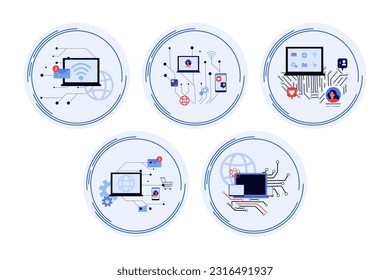 Optical fiber usage vector illustrations set. Smartphones and computers connected with optical rays, stream of digital information in circles. Digital technology, data transfer concept