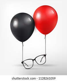 Optical glasses attached to red and black balloon. Black optical glasses on white background. Dioptrical Glasses. Vector Illustration. 