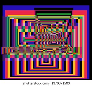 Optical glitched background. Digital noisy texture, multicolored pixel damage.