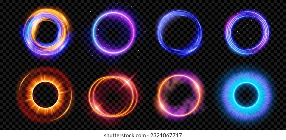 Las bengalas ópticas de halo con efecto vector de luz de neón se aislan sobre fondo transparente. Anillo de lente circular con diseño digital brillante 3d. Diseño de movimiento de velocidad radiante. Vórtice de la energía mágica con chispa