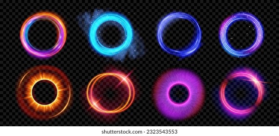 Optical halo flares with neon light vector effect set isolated on transparent background. Circle lens ring with glitter 3d digital design. Radiant speed motion design. Magic energy vortex with spark