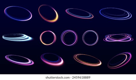 Optical halo flares with neon light vector effect set isolated on transparent background. Abstract vector fire circles, sparkling swirls and energy light spiral frames.	
