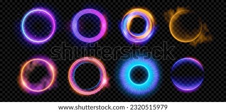 Optical halo flares with neon light vector effect set isolated on transparent background. Circle lens ring with glitter 3d digital design. Radiant speed motion design. Magic energy vortex with spark [[stock_photo]] © 