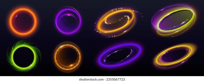 Optical halo light effect with flares in circle shapes. Realistic vector illustration set of neon glow rings and ovals. Abstract energy or magic circular frame or portal. Bright glare shining lens.