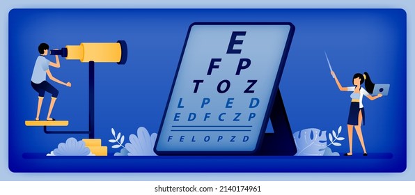 Optical health illustration of ophthalmologist use optometry to check patients viewing distance in reading Snellen. Can be used to landing page, web, website, poster, mobile apps, brochure, flyer