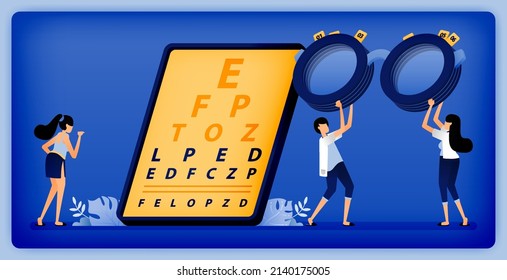 Optical health illustration of ophthalmology students diagnosing eye disorders of patients with Snellen and Trial Frame. Can be used to landing page, web, website, poster, mobile apps, brochure, ads