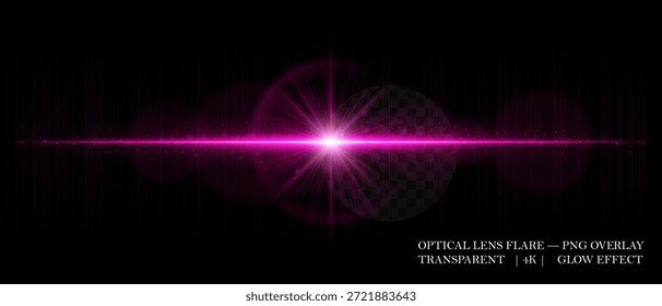 Destello óptico de lente Horizontal con reflejos suaves, orbes brillantes y haz radiante. Ideal para superposiciones digitales, iluminación fotográfica y proyectos de diseño de ciencia ficción.