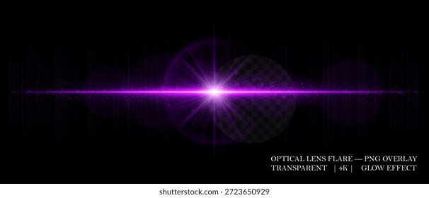 Lente óptica horizontal flare com reflexos suaves, esferas brilhantes e feixe radiante. Excelente para sobreposições digitais, iluminação de fotos e projetos de design de ficção científica.