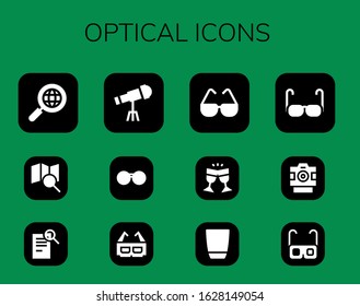 optical icon set. 12 filled optical icons.  Simple modern icons such as: Search, Telescope, Sunglasses, 3d glasses, Glasses, Glass, Photo camera