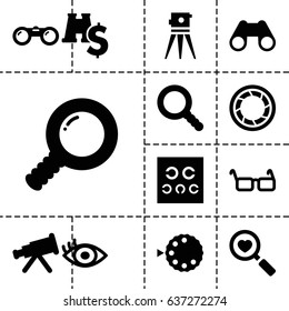 Optical icon. set of 13 filled opticalicons such as theodolite, heart search, binoculars, eye test, eye, glasses, search, camera shutter, camera mode