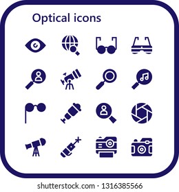 optical icon set. 16 filled optical icons.  Collection Of - Eye, Search, Glasses, Sunglasses, Telescope, Zoom, Spyglass, Shutter, Laser pen, Photo camera
