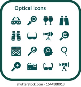 optical icon set. 16 filled optical icons.  Simple modern icons such as: 3d glasses, Magnifying glass, Glasses, Binoculars, Sun glasses, Telescope, Search, View, Zoom, Zoom in