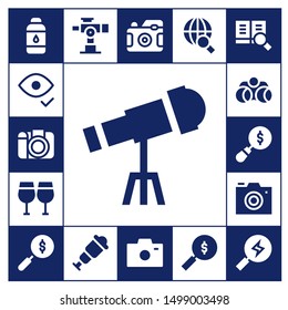optical icon set. 17 filled optical icons.  Simple modern icons about  - Contact lens, Eye, Photo camera, Telescope, Glasses, Binoculars, Magnifying glass, Search, Spyglass