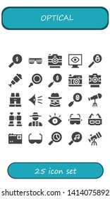 optical icon set. 25 filled optical icons.  Simple modern icons about  - Search, Sunglasses, Photo camera, View, Spyglass, Loupe, Binoculars, Eye, Detective, Telescope, Glasses