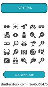 conjunto de iconos ópticos. 25 iconos ópticos rellenos. Incluye lentes de sol, visión, telescopio, binoculares, cámara fotográfica, vista, lente de contacto, búsqueda, lentes 3d, lentes, gafas, radar, iconos de vidrio de aumento