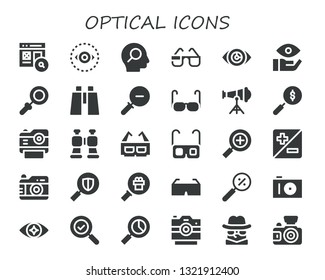 optical icon set. 30 filled optical icons.  Collection Of - Search, Vision, 3d glasses, Eye, Magnifying glass, Binoculars, Zoom out, Glasses, Telescope, Photo camera, Zoom, Detective