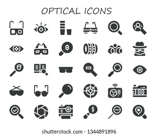 optical icon set. 30 filled optical icons.  Collection Of - Glasses, View, Glass, Sunglasses, Magnifying glass, Search, Eye, 3d glasses, Lens, Binoculars, Detective, Zoom out