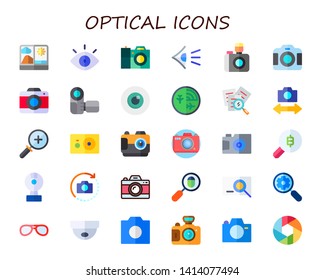 optical icon set. 30 flat optical icons.  Collection Of - view, eye, camera, photo camera, radar, search, zoom in, webcam, loupe, sunglasses