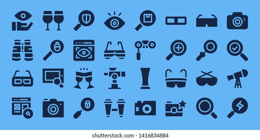 optical icon set. 32 filled optical icons. on blue background style Collection Of - Eye, Binoculars, 3d glasses, Search, Glasses, Photo camera, View, Loupe, Sunglasses, Telescope