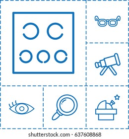 Optical icon. set of 6 optical outline icons such as eye test, eye, glasses, telescope, observatory
