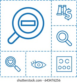 Optical icon. set of 6 optical outline icons such as heart search, eye test, eye, search, zoom out