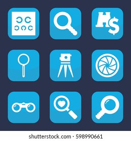 optical icon. Set of 9 filled optical icons such as theodolite, heart search, magnifier, eye test, search, camera shutter, binoculars
