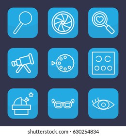 Optical icon. set of 9 outline optical icons such as heart search, magnifier, eye test, eye, camera shutter, camera mode, glasses, telescope