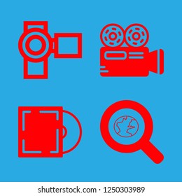 optical icon set about dvd, video camera, camcorder and magnifier vector set