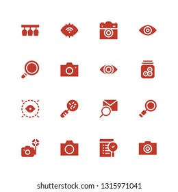 optical icon set. Collection of 16 filled optical icons included Camera, Search, Loupe, Eye, Eyeball, Magnifying glass, Glasses