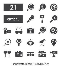 optical icon set. Collection of 21 filled optical icons included Telescope, Photo camera, Glasses, Camera, Periscope, Vision, Magnifier, Search, Eyeball, Diaphragm, Magnifying glass