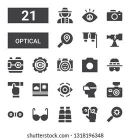 optical icon set. Collection of 21 filled optical icons included Search, Eye glasses, Binoculars, Glasses, Contact lens, Camera, Vr glasses, Eye, View, Searching, Detective, Photo camera