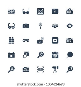 optical icon set. Collection of 25 filled optical icons included Search, Telescope, Vision, Camera, Magnifying glass, Searching, Binoculars, Eye, Diaphragm, Glasses