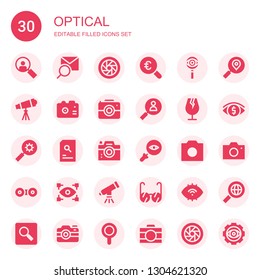 optical icon set. Collection of 30 filled optical icons included Loupe, Search, Shutter, Magnifying glass, Telescope, Camera, Glass, Photo camera, Contact lens, View, Glasses