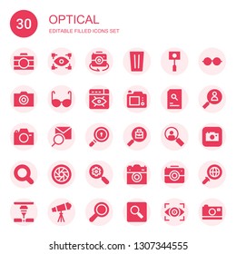 optical icon set. Collection of 30 filled optical icons included Camera, View, Glass, Glasses, Vision, Search, Loupe, Magnifying glass, Shutter, Eyeglasses, Laser, Telescope