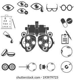 optical icons, ophthalmology icons set, vector symbols