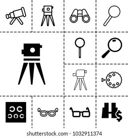 Optical icons. set of 13 editable filled and outline optical icons such as theodolite, magnifier, eye test, glasses, telescope, binoculars, camera mode, search