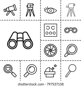 Optical icons. set of 13 editable outline optical icons such as theodolite, telescope, observatory, heart search, search, binoculars, magnifier, eye test, eye