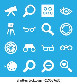 Optical icons set. set of 16 optical filled icons such as theodolite, heart search, binoculars, eye test, eye, glasses, search, camera shutter, zoom out, camera mode