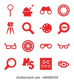 Optical icons set. set of 16 optical filled icons such as theodolite, binoculars, magnifier, eye test, eye, glasses, search, camera shutter, zoom out, camera mode