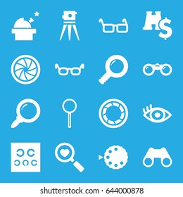 Optical icons set. set of 16 optical filled icons such as theodolite, heart search, binoculars, magnifier, eye test, eye, glasses, camera shutter, camera mode, search