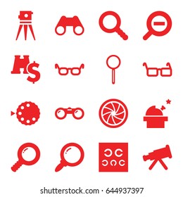 Optical icons set. set of 16 optical filled icons such as theodolite, binoculars, magnifier, eye test, glasses, search, camera shutter, zoom out, camera mode
