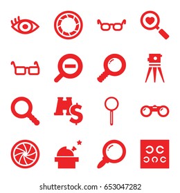 Optical icons set. set of 16 optical filled icons such as theodolite, heart search, magnifier, eye test, eye, glasses, search, camera shutter, zoom out, binoculars
