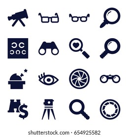 Optical icons set. set of 16 optical filled icons such as theodolite, heart search, binoculars, eye test, eye, glasses, search, camera shutter, binoculars with dollar sign