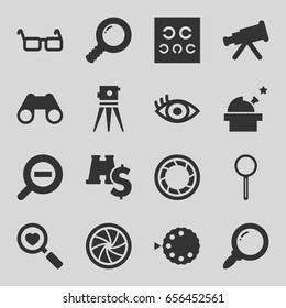 Optical icons set. set of 16 optical filled icons such as theodolite, heart search, binoculars, magnifier, eye test, eye, glasses, camera shutter, zoom out, camera mode