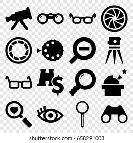 Optical icons set. set of 16 optical filled icons such as theodolite, heart search, binoculars, magnifier, eye, glasses, camera shutter, zoom out, camera mode, search