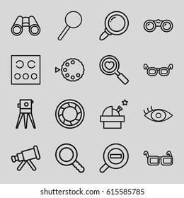 Optical icons set. set of 16 optical outline icons such as theodolite, heart search, binoculars, magnifier, eye test, eye, glasses, search, camera shutter, zoom out