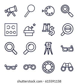 Optical icons set. set of 16 optical outline icons such as theodolite, heart search, binoculars, magnifier, eye test, glasses, search, camera shutter, zoom out, camera mode