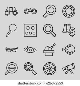 Optical icons set. set of 16 optical outline icons such as heart search, binoculars, magnifier, eye test, eye, search, camera shutter, zoom out, camera mode, glasses