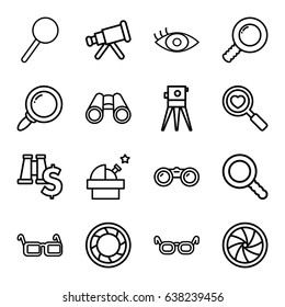 Optical icons set. set of 16 optical outline icons such as theodolite, heart search, binoculars, magnifier, eye, glasses, search, camera shutter, telescope, observatory