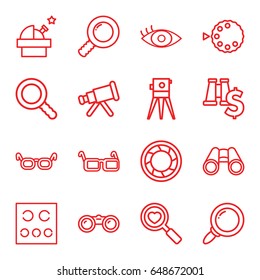 Optical icons set. set of 16 optical outline icons such as theodolite, heart search, binoculars, eye test, eye, glasses, search, camera shutter, camera mode, telescope